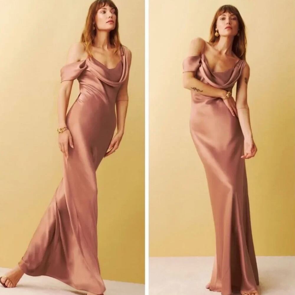 NEW Reformation Ronda 100% Silk Dress Praline Size 8 Long Maxi Womens